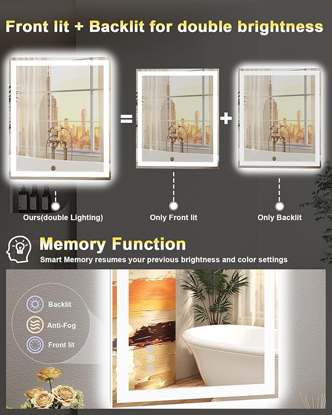 36x36 LED Bathroom Mirror with Lights, Super Bright Front & Backlit Vanity Mirror for Wall, Anti-Fog & Memory Smart Mirror, 5mm Shatter-Proof Tempered Glass, ETL Listed, Vertical/Horizontal