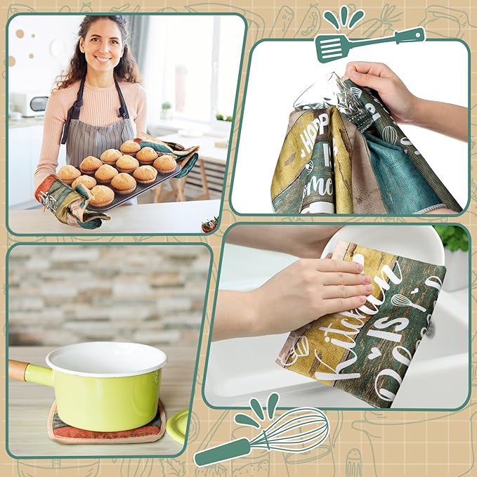 Fourluoo 10 Pcs Farmhouse Kitchen Decor and Accessories Set 4 Kitchen Towels 2 Pot Holders 2 Oven Mitts 2 Rugs for Cooking Baking Mom Housewarming Gifts(Vintage Wood Grain,Classic Style)