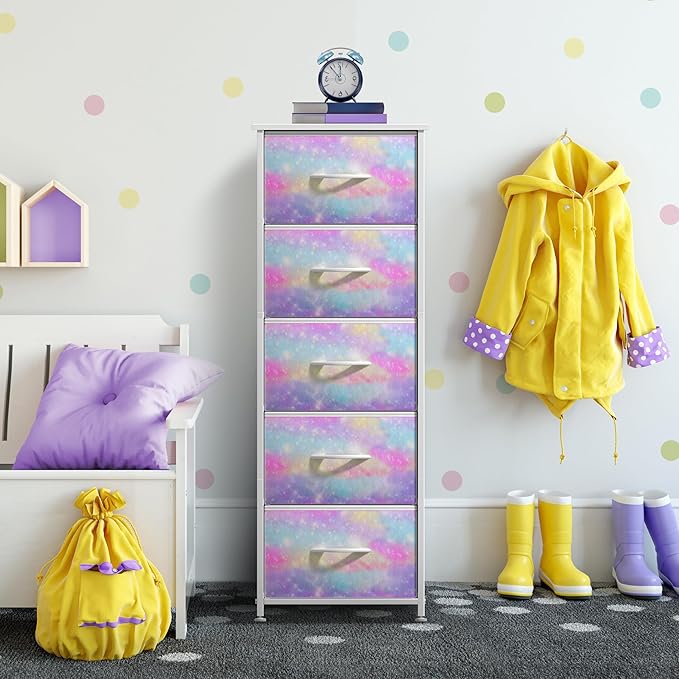 Sorbus Kids Dresser with 5 Drawers - Storage Chest Organizer Nightstand - Steel Frame, Wood Top, Tie-Dye Fabric Bins for Clothes - Wide Furniture for Bedroom, Hallway, Nursery, Closet, & Apartment