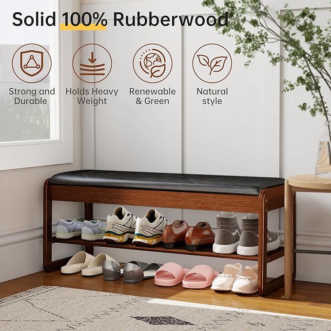 Shoe Rack Bench with Flip-Top Storage, Rubberwood 2-Tier Shoe Organizer with Cushion, Long Wooden Shoe Stand for Entryway, Mudroom, Hallway, Closet, Front Door Entrance, Foyer