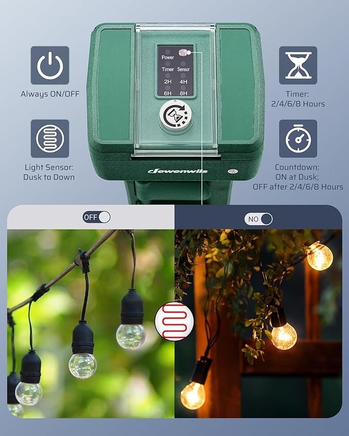 DEWENWILS Outdoor Power Stake Timer Waterproof, 100FT Range Remote Control Outlet Timer, 6 Grounded Outlets 6FT Cord, Photocell Dusk to Dawn, for Lights, Garden, 1875W/15A UL Listed