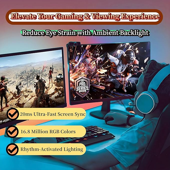 24 Inch Monitor Backlight - Reactive LED Strip for PC and Mac - Screen Color and Music Sync Gaming Lights - Software Control Ambient Lighting for Desktop Setup - USB Powered (24 inch)