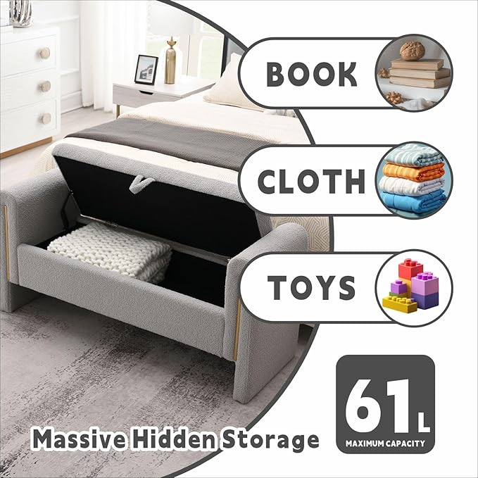 Modern 52" Storage Ottoman Bench, Upholstered End of Bed Storage Bench with Armrests, Entryway Bench, Teddy Foot Rest Stool for Living Room Hallway Bedroom (Grey)