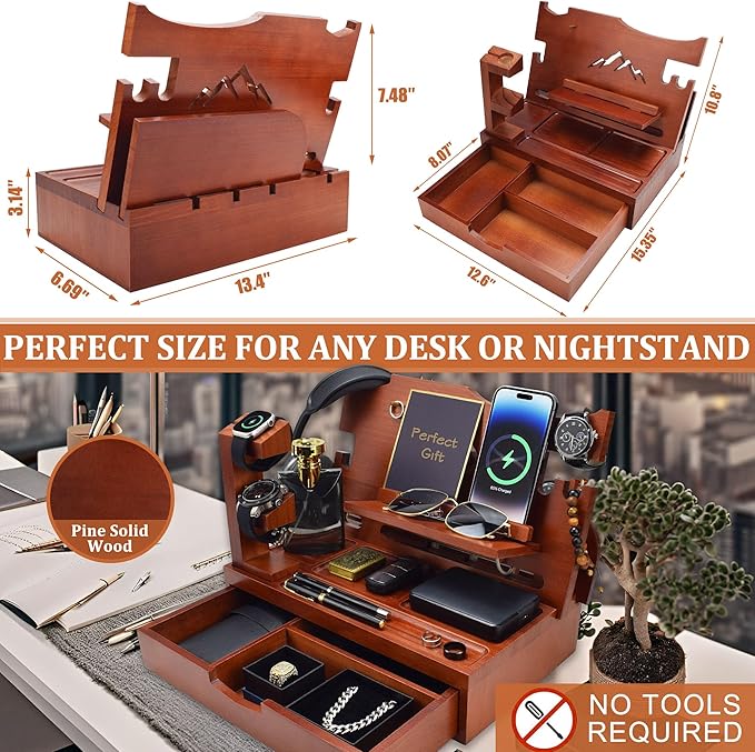 Nightstand Organizer for Men with Large Drawer, Wood Phone Docking Station for Phone, Apple Watch, Wallet & Keys, Ideal Birthday Gift for Father Husband, Bedside Desk Organizer (Walnut)