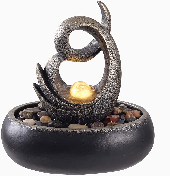 Teamson Home Tabletop Water Fountain Indoor Room Décor Sound Machine with Water Pump, Abstract Upright Sculpture with LED Light Faux Rocks, Indoor Zen for Home Office Living Room, Charcoal/Bronze
