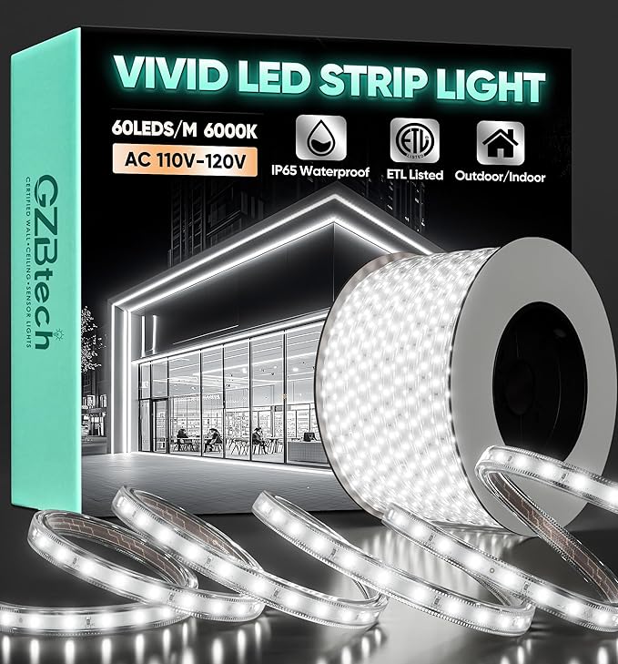 GZBtech AC 110-120V LED Strip Lighting 100FT/30M, 6000K Cool White IP65 Waterproof Outdoor Strip Lights, 60LEDs/M SMD2835 Cuttable & Connectable LED Rope Light for Indoor Outside Exterior, ETL Listed