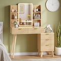 42'' Fluted Makeup Vanity Desk with LED Lights Mirror & Charging Station, Modern Glass Top Vanity Table with 5 Drawers & Open Shelves, Dressing Table for Bedroom, Living Room, Oak
