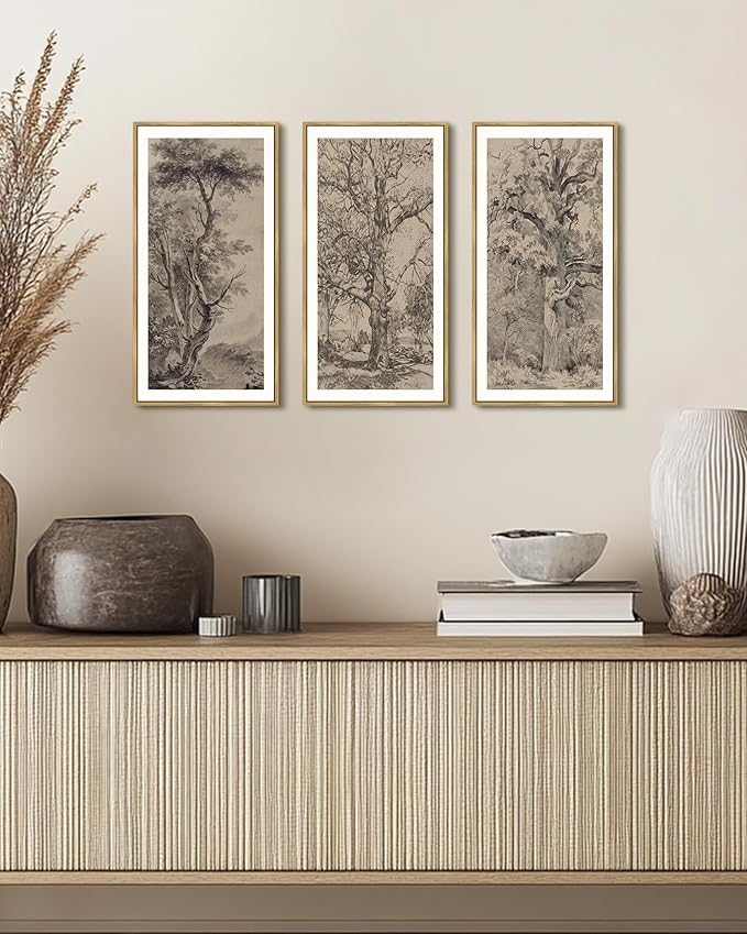 KUVIOKE Vintage Sketch Trees Drawings Farmhouse Rustic Framed Wall Art for Living Room Bedroom Ready to Hang 8x16in3pcs Natural Framed