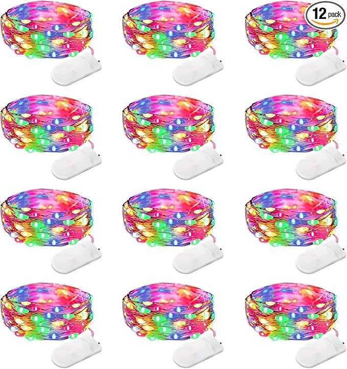 12 Pack Fairy Lights Battery Operated String Lights 7 Feet 20 Led Waterproof Christmas Lights Silver Wire Firefly Starry Moon for Bedroom DIY Party Wedding Patio Christmas Multicolor