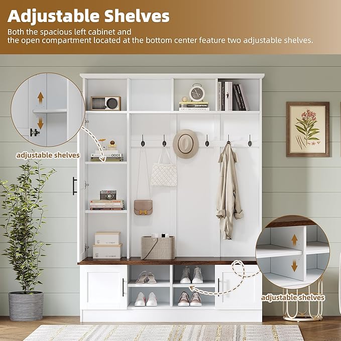 Versatile 3-in-1 Hall Tree with 6 Hooks, Farmhouse Walnut Storage Bench with Adjustable Shelves, 55" W Entryway Coat Rack with Multiple Storage Space for Mudroom, Living Room (White-7)