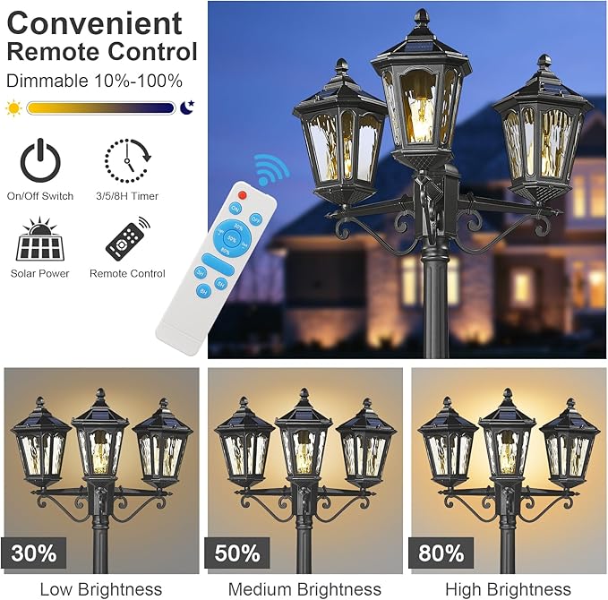 Lamp Post Lights 3-Head Outdoor Solar Post Lamp with High Posts, Dusk to Dawn Remote Control Waterproof Exterior Pillar Latern Hardwired Street Light for Patio Garden Walkway