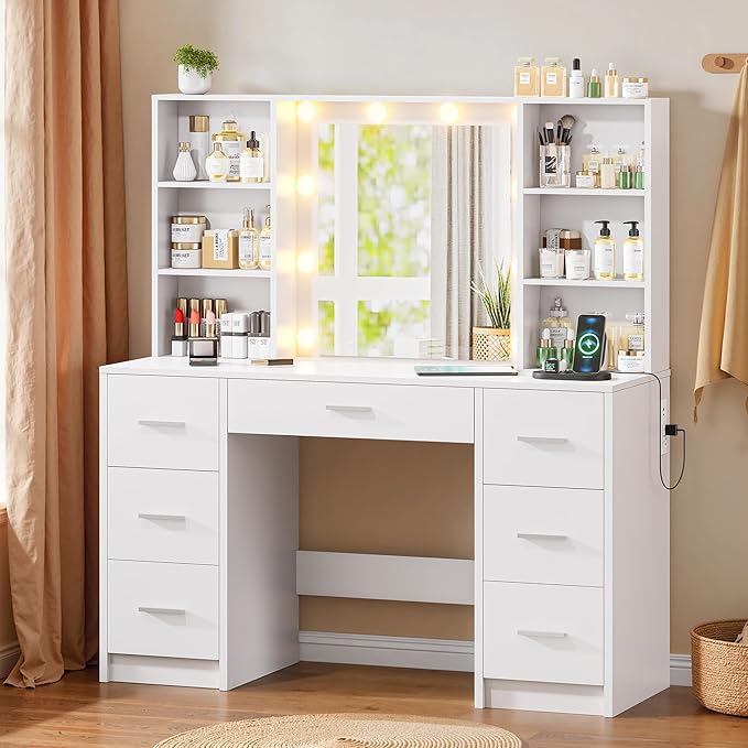 Vanity Desk with Mirror and LED Lights, Large Vanity with 7 Drawers and 6 Shelves, Makeup Vanity Dressing Table with Charging Station for Girls, Women (White)