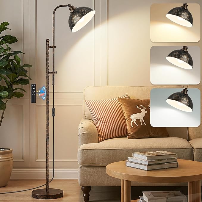 Floor Lamp, Industrial Modern Standing Lamp with Remote Control, 71" Height Adjustable, Aged Black Finish Rustic Farmhouse Tall Reading Lamp for Bedroom, Over Couch Arched Reading Light