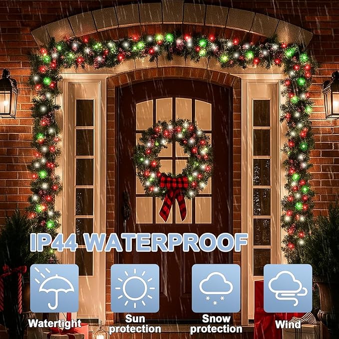 LAMPHOME Red Green White Christmas String Lights, 300 LED 99 FT Connectable Waterproof String Lights Transparent Wire with16 Modes, Xmas Vintage Decorations for Indoor Outdoor Party Yard Garden Decor