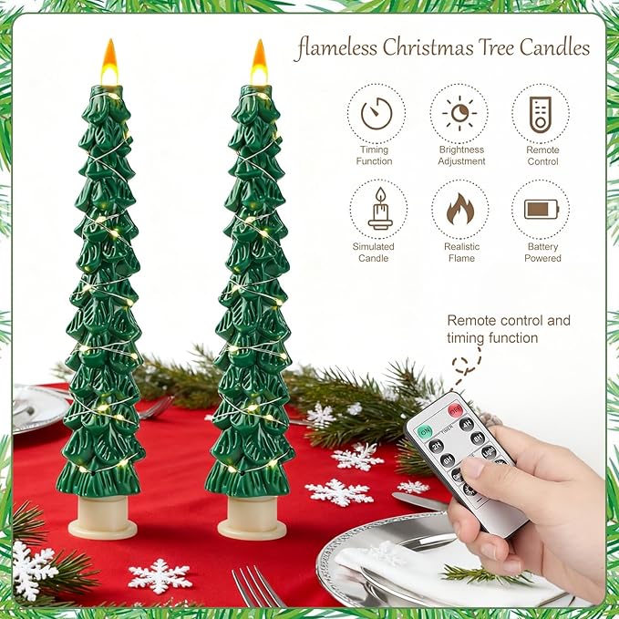 2-Pack Christmas Tree Flameless LED Candles with String Lights, Realistic 3D Flickering Flame, Remote Control, Battery-Operated Christmas Decorations for Home & Holiday Display
