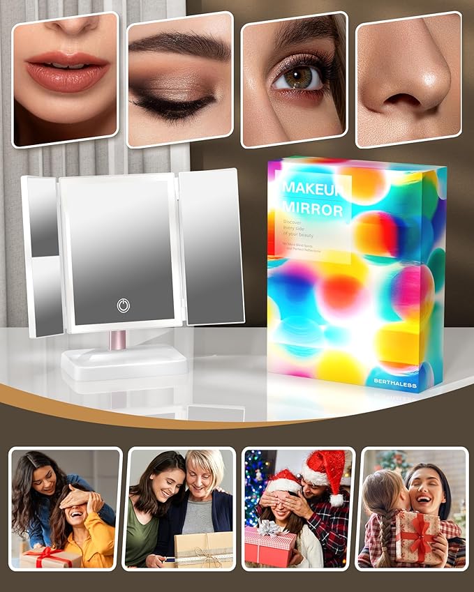 for Mom Makeup Mirror Vanity Mirror with Lights, 14.4" L x 9.1" W Rechargeable Lighted Mirror with 1X 2X 3X Magnification, 76 LEDs & 3 Color Modes, Gifts for Women, Wife, Teengirls