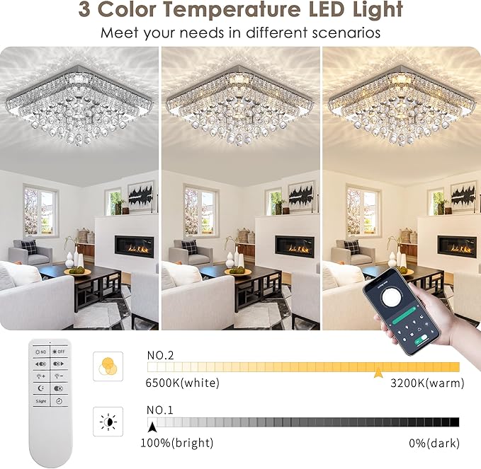 REDSTAR 24" Crystal Ceiling-Light Flush Mount with Remote and APP, 3 Colors Temp & Brightness Adjustable, Modern Crystal Raindrop Chandeliers for Bedroom Hallway Dinning and Living Rooms-Square