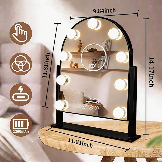 Arched Makeup Vanity Mirror with Lights 14.17"x 11.81" LED Makeup Mirror Detachable 10X Magnification, Hollywood Make Up Mirror with Lighting, Smart Touch, Rechargeable,360° Rotation,(Black)