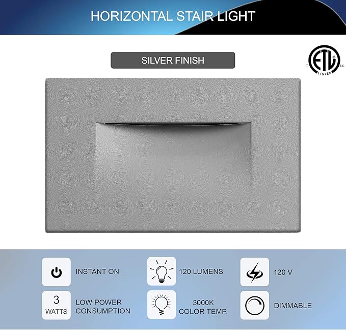Ciata LED Stair Lights Indoor - Step Lights Outdoor Stair Light 3 Watt, Warm White Stairway Lighting for Outdoor and Indoor Stairs 3000K Concrete, Home Theater Lighting - Silver Finish, Horizontal