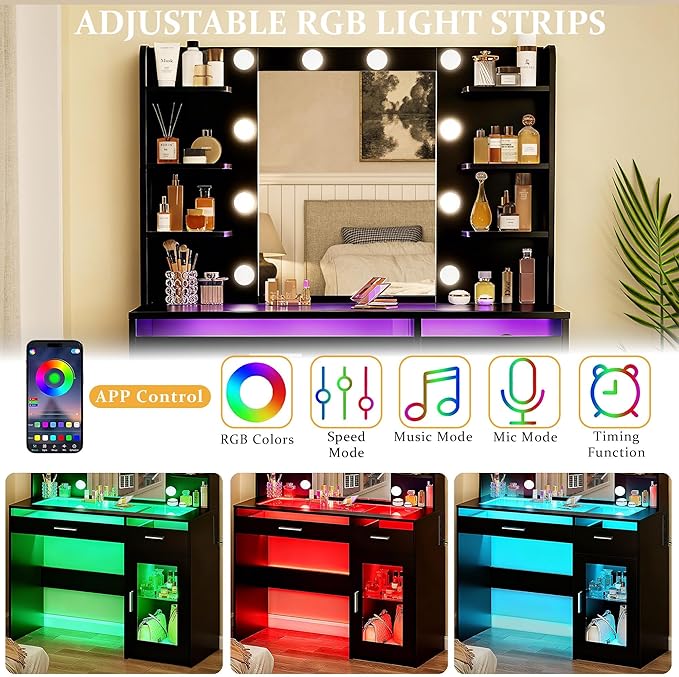 Vanity Desk with Mirror and Lights, Makeup Vanity Desk with Lights 3 Colors, Transparent Top Vanity with 2 RGB Drawers, 6 Shelves, Large Tempered Cabinet, Power Outlet, for Bedroom, Black