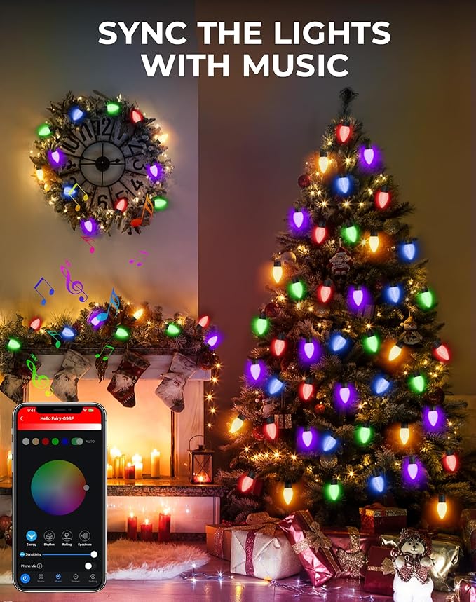 Patriotic Decorations - Smart C9 Christmas Lights Outdoor RGB, 66Ft 100 LEDs Dynamic 4th of July Decorations DIY Chasing Effects APP Remote Controlled, Waterproof, Music Sync Lights for Roofline Fence