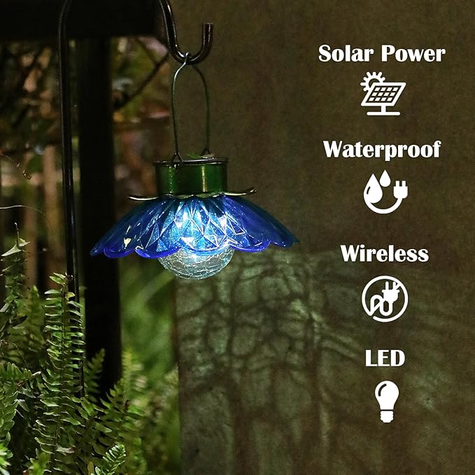 XUWEN Solar Lights Outdoor Waterproof - Blue Solar Flower Lights with Crackle Globe Glass Light, Hanging Lanterns Decorative Outdoor for Yard Walkway Lawn Fence,Christmas Housewarming Gifts for Women.