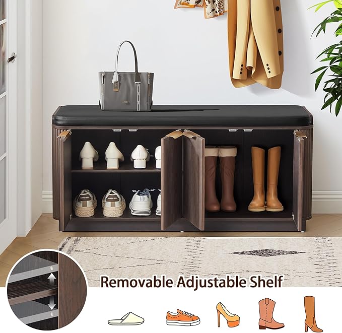 43.3''W Fluted Entryway Shoe Storage Bench with 4 Doors and Adjustable Shelf, 2-Tier Entry Bench Seat with Shoe Storage and Cushion, Shoe Cabinet Bench for End of Bed, Foyer - Espresso