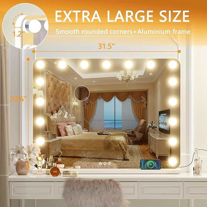 Hasipu Vanity Mirror with Lights, 32" x 24" Hollywood Mirror, Makeup Mirror with 17 Dimmable Bulbs and 10X Magnification, 3 Colors Modes, Touch Control, USB Charging Port, Type-C (Round White)