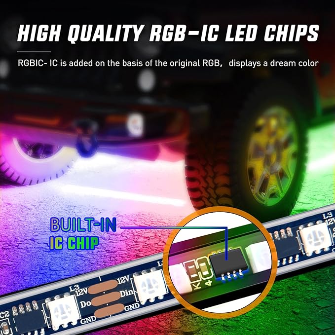 Nilight 6Pcs Car Underglow Neon Accent Strip Lights 300 LEDs Multi Color RGB-IC DIY Sound Active Function Music Mode with APP Control and Remote Control Underbody Light Strip