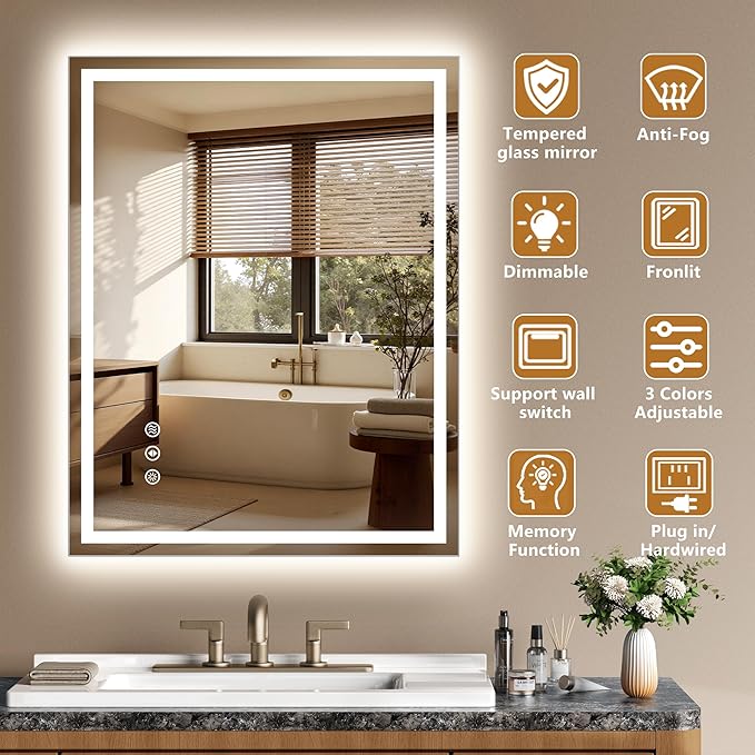 30x36 Inch LED Lighted Bathroom Mirror - Anti-Fog Vanity Mirror with Dimmable Front & Backlit, 3 Color Temp, Smart Memory - Shatterproof HD Glass, IP54 Waterproof Wall Mounted for Makeup Shaving