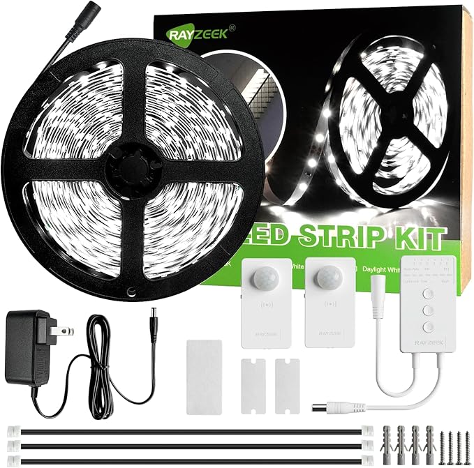 RAYZEEK Wireless Motion Activated LED Strip Lights,19.7FT LED Strip Lights with Power Adapter,RF Wireless Motion Sensor Control Dimmer,Timing,Cool White (1×Controller+2×Motion Sensor)