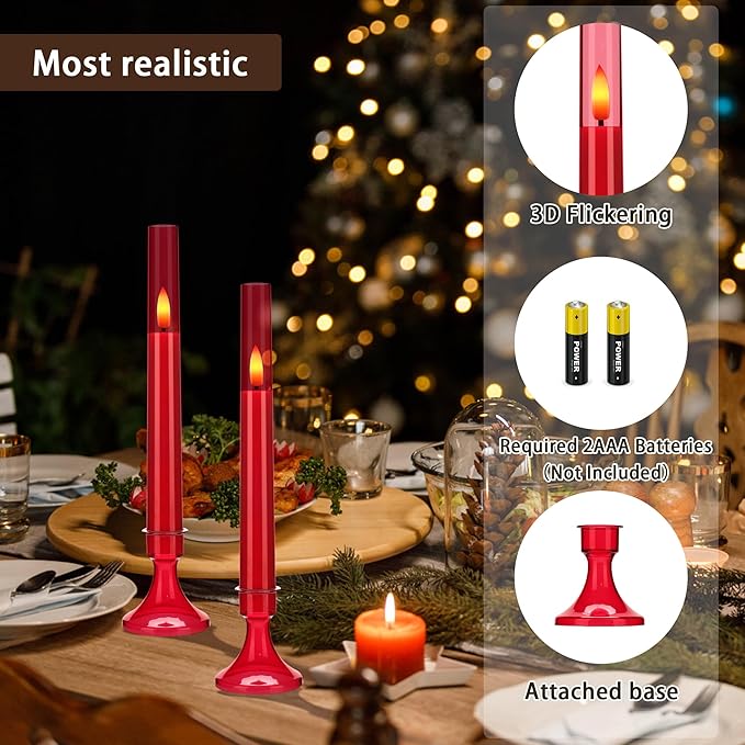 Red Flameless Taper Candles with Remote and Timer,Valentine Flameless Candles with Holders, 6 Pack LED Battery Operated Candlesticks 9.25"x0.75" for Valentine’s Day, Christmas