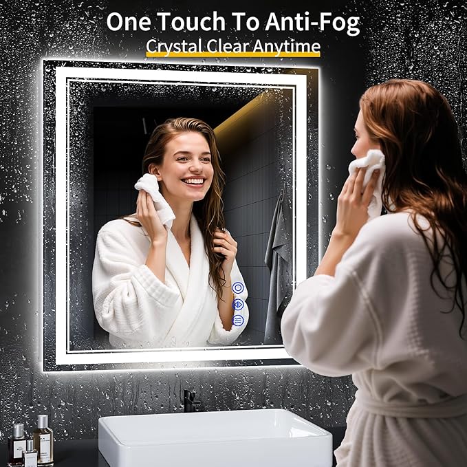 32"x30" LED Bathroom Mirror with Anti-Fog, Stepless Dimmable Lights, 3 Color Modes, Shatter-Proof Tempered Glass,Waterproof Design
