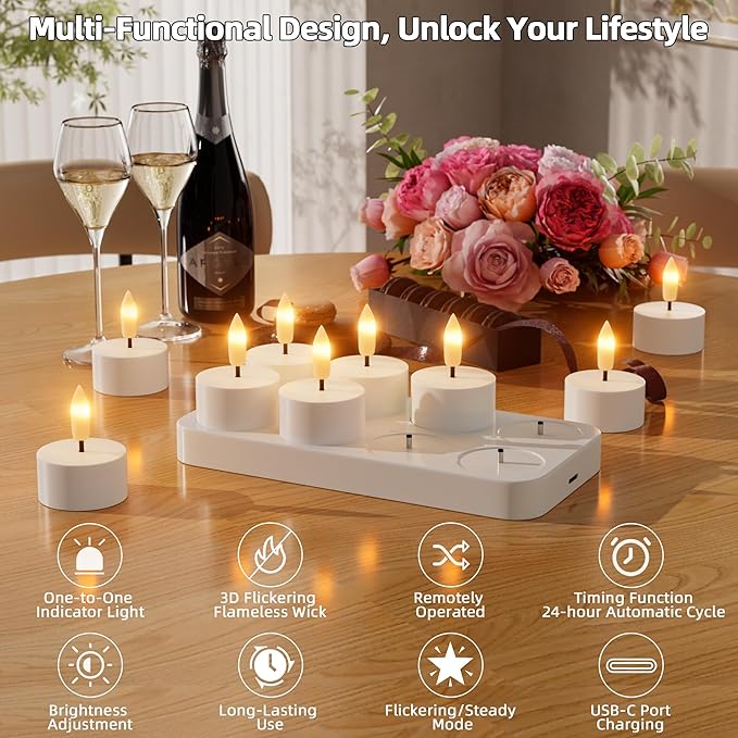Rechargeable Flameless Tea Lights Candles with Charging Station 8Pcs Battery Tea Lights with Remote & Timer LED Tealight Flickering Realistic for Home Christmas Wedding Decor - White