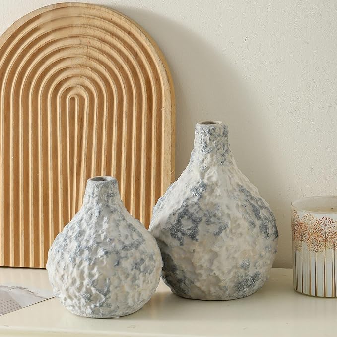 Stone Vases, Ceramic Bud Vase Set of 2 Minimalist Vases for Pampas Grass,Modern Vase for Wabi Sabi Home Decor, Shelf Decoration，Fireplace Decor,Coffee Table Decor