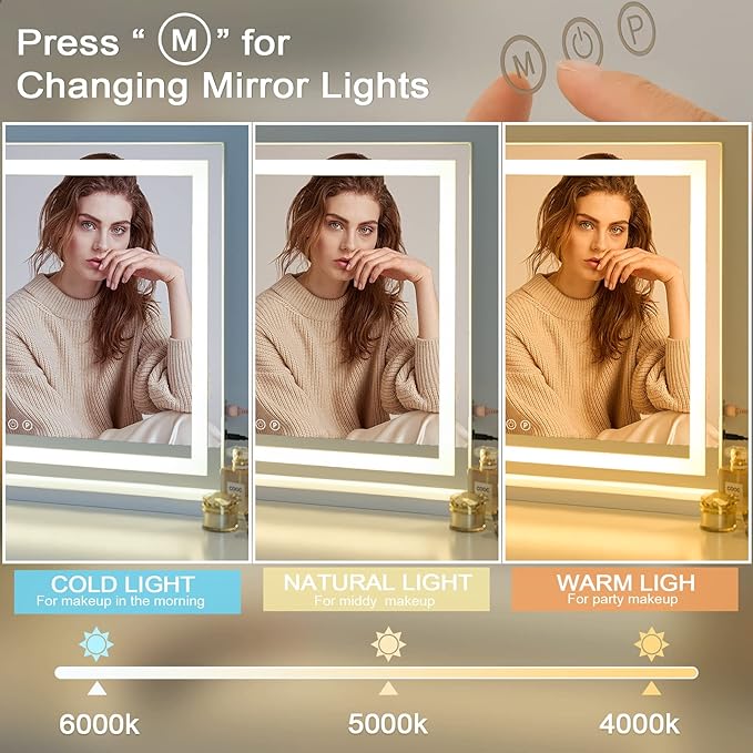Sucedey Vanity Mirror with Lights, 23" x 19" Large Makeup Mirror with 3 Color Modes & Adjustable Brightness, Detachable 10x Zoom Mirror,Smart Touch Control,Plug in(Tabletop & Wall-Mounted)