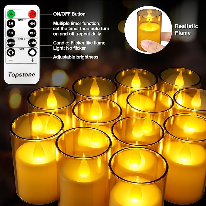 Topstone 6 pcs Flameless LED Tea Light Candles with Remote Control,Realistic Flickering, 400+ Hours Battery Life, CR2450 Battery Included, Dimmable, Timer Function,for Home Decor, Wedding, Party