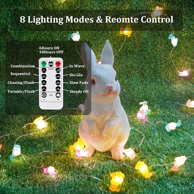 EXF Easter Decorations Bunny Pastel Fairy Lights, Battery Operated with Remote & 8 Modes & Timer, Waterproof Easter String Lights for Indoor Spring Themed Party Decor (Multi Color)