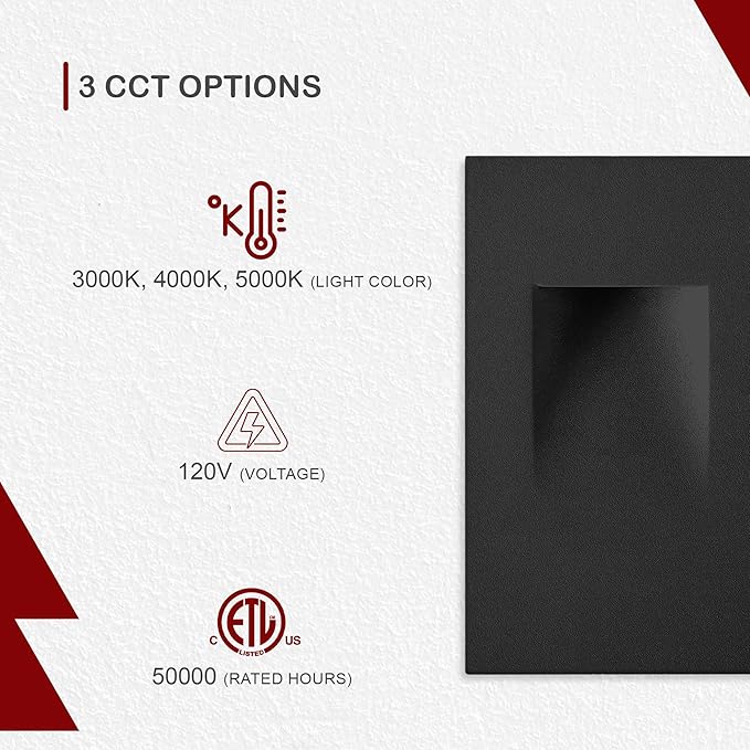 Ciata LED Stair Lights - 3 CCT Options (3000K/4000K/5000K) | 3 Watt Step Lights for Indoor and Outdoor Stairs | Ideal for Home Theater and Outdoor Stairway Lighting | Black Finish, Vertical