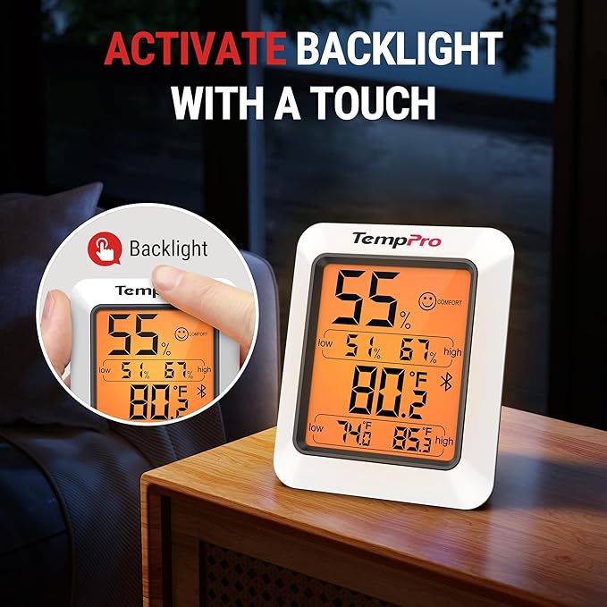 TempPro Hygrometer Thermometer for House, Bluetooth Room Indoor Greenhouse Thermometer Monitor Up to 260FT, Backlit Humidity Meter Temperature Sensor with 2-Year Data Export,2 PS(Previously ThermoPro)