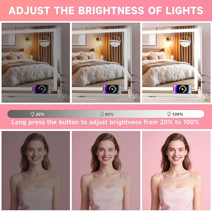 Vanity Mirror with Lights, 28" x 20" LED Makeup Mirror with 10X Magnification, Dimmable 3 Modes, Memory Function, Smart Touch, USB Charging Port, Lighted Makeup Mirror Square White