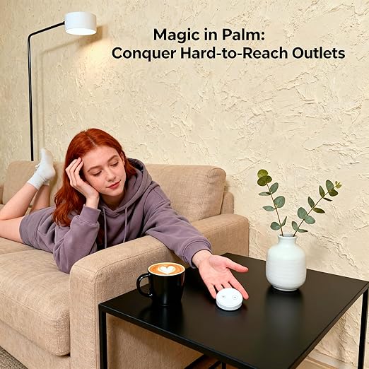 LoraTap Wireless Outlet - Ergonomic Round Remote (Comfort Grip!) + Magnetic Wall Base - Stick & Grab, No Wall Damage - 15A/1875W 100ft Range - Control for Hard-to-Reach Sockets, No More Bending
