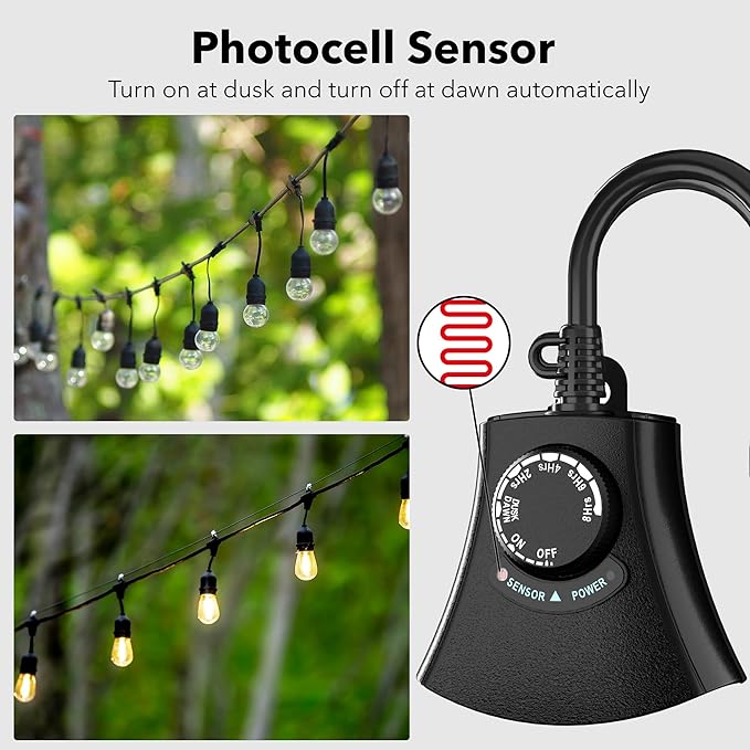 HBN Outdoor Light Timer Waterproof, Weatherproof Photocell Dusk to Dawn Light Sensor, 2/4/6/8 Countdown Timer, 3 Grounded Outlet for Christmas Lights，Hallowen Deceration，1875W 15A 1/2HP