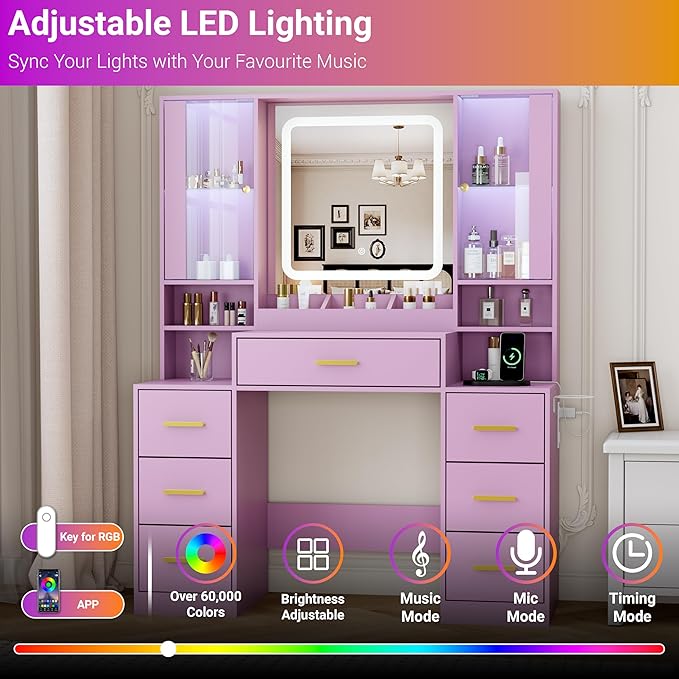 Vanity Desk with Mirror and Lights, Makeup Vanity with 7 Drawers, 2 Glass Door Cabinets, Charging Station, Adjustable Shelves, RGB Lighting, Hair Dryer Holder