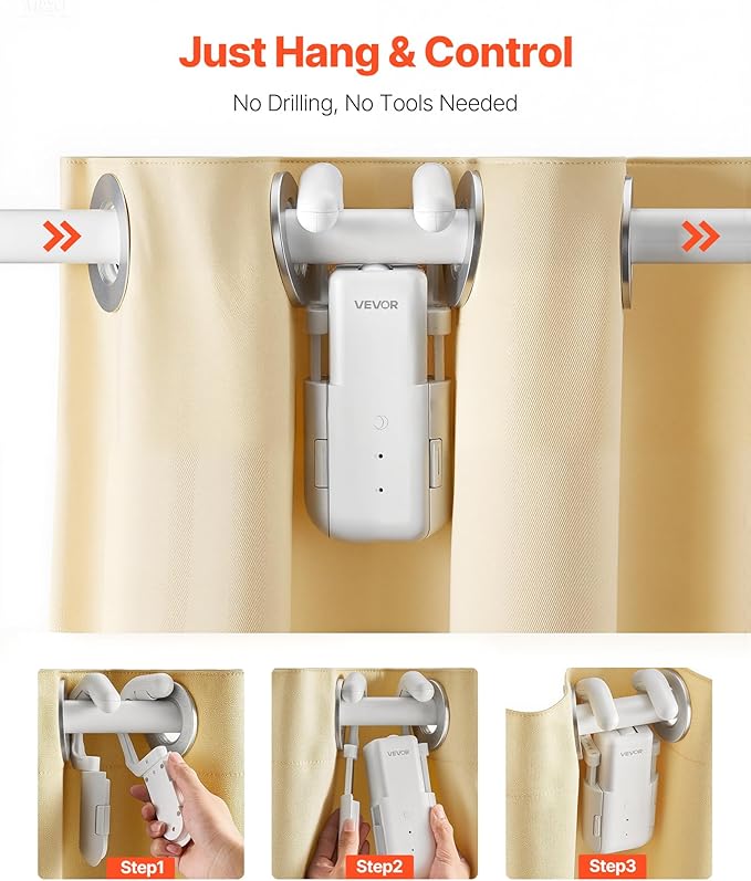 VEVOR Automatic Curtain Opener, APP and Remote Control, Hub Included, Electric Smart Curtain Opener Compatible with Alexa and Google Home, Timed Opening and Closing, Silent Mode, for Roman Rods