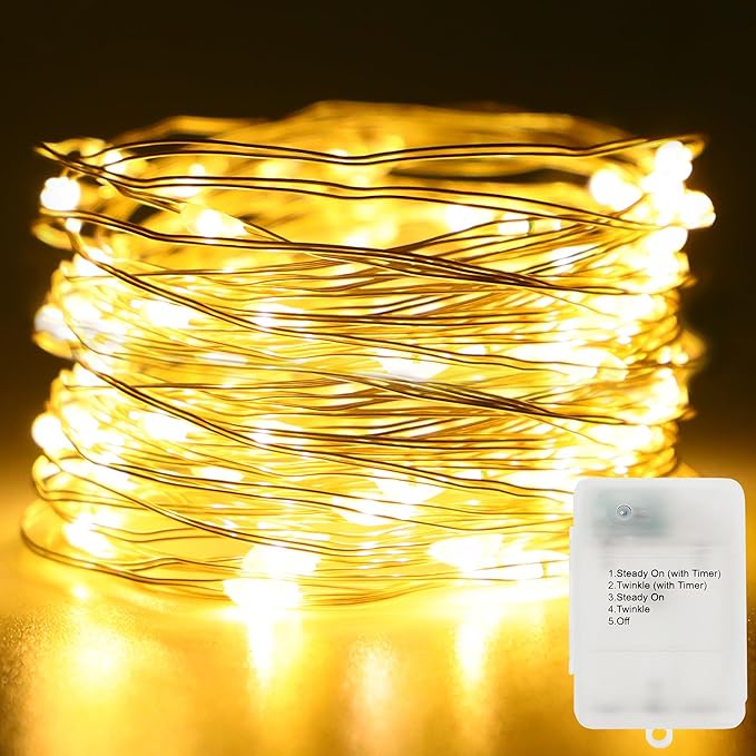 Fairy Lights Battery Operated 16.4Ft 50 LED Silver Copper Wire Twinkle Lights with 5 Lighting Modes for Christmas Bedroom Wedding Dorm Party Holiday Yard Decoration (Warm White)