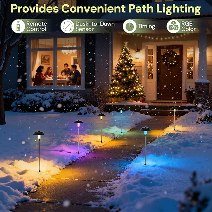 LOHAS Dusk to Dawn Low Voltage Landscape Lighting Warm White + RGB Modes, 6 Pack IP65 Low Voltage Pathway Lights with Remote, Timer Color Changing Plug in Outdoor Pathway Lights for Yard Lawn Walkway