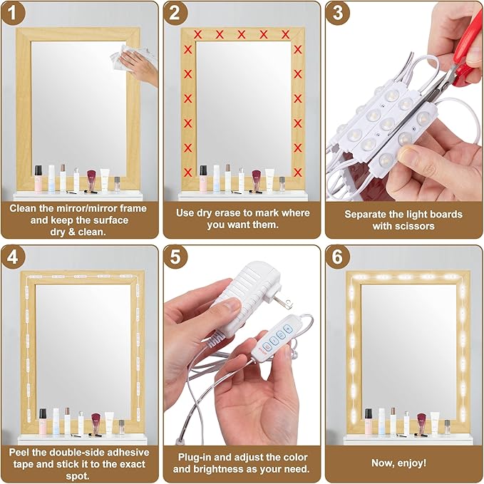LPHUMEX LED Vanity Mirror Lights, 3 Color 20pcs*3LEDS 12V Hollywood Style Makeup Lights Stick on, Bright Dimmable with Power Adapter (Mirror Not Included)