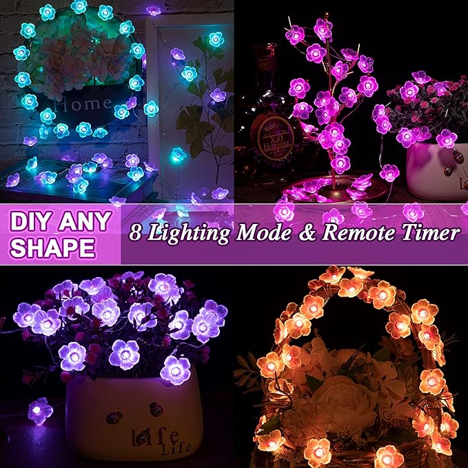 Mudder 16 Colors Cherry Blossom Decor Flower String Lights, Fairy Pink Light String with Timer 13 ft 40 LEDs USB Battery Operated Fairy Lights for Bedroom Indoor Outdoor Wedding Valentines Day(2 Pcs)