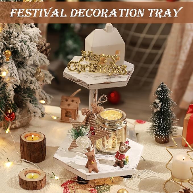 Tikea Hexagonal Wood Riser for Display, 2-Tier Wood Farmhouse Riser for Kitchen Bathroom Counter Decor, Decorative Tray for Soap Dispenser, Decorations and Plant (White)